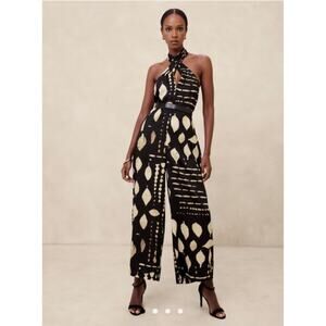 Banana Republic Organic Print Halter Wide Leg Jumpsuit- Petite Large- NWT Black